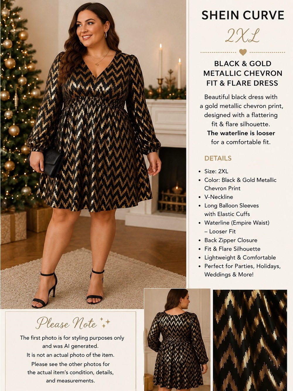 SHEIN Curve 2XL Black & Gold Metallic Chevron Fit & Flare Dress